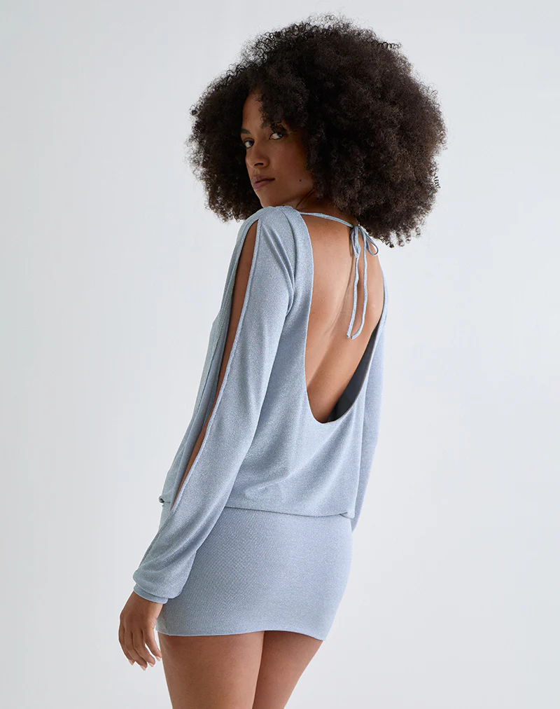 Carola Cut Out Arms Mini Dress in Shimmer Blue - Image 4