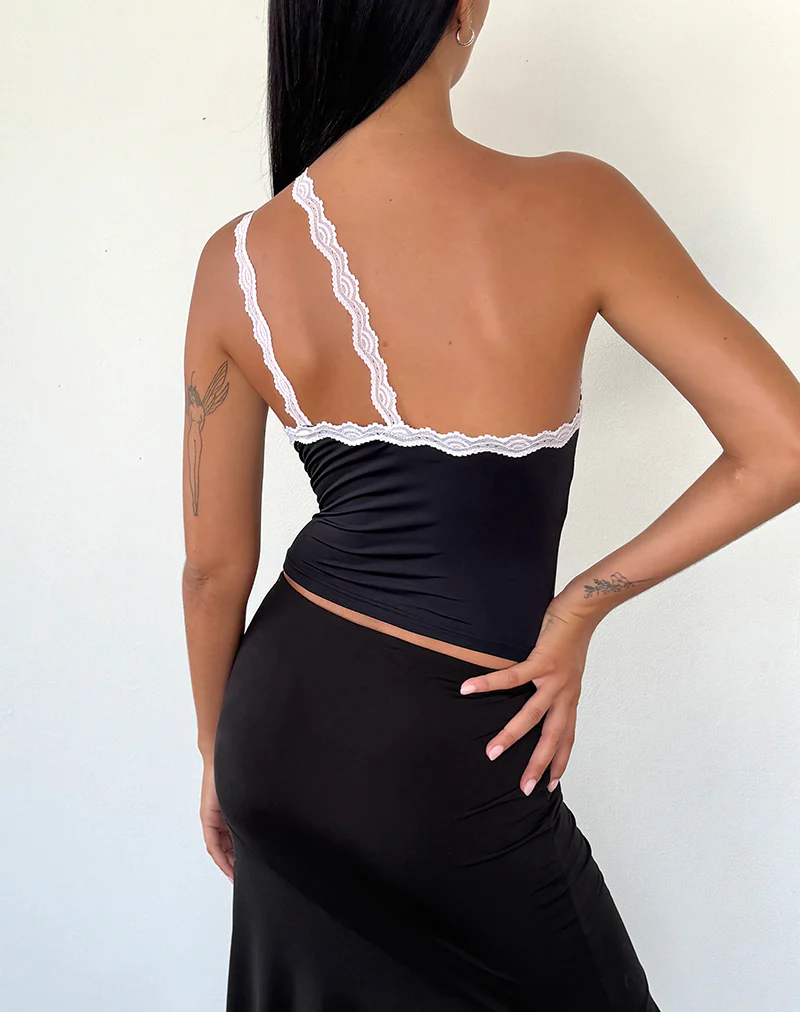 Carolina One Shoulder Top in Black with Pink Lace - Image 3