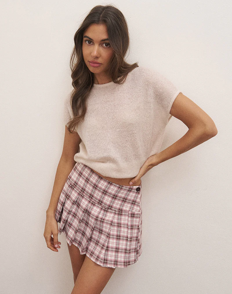 Casini Mini Pleated Micro Skirt in Pink Check - Image 3