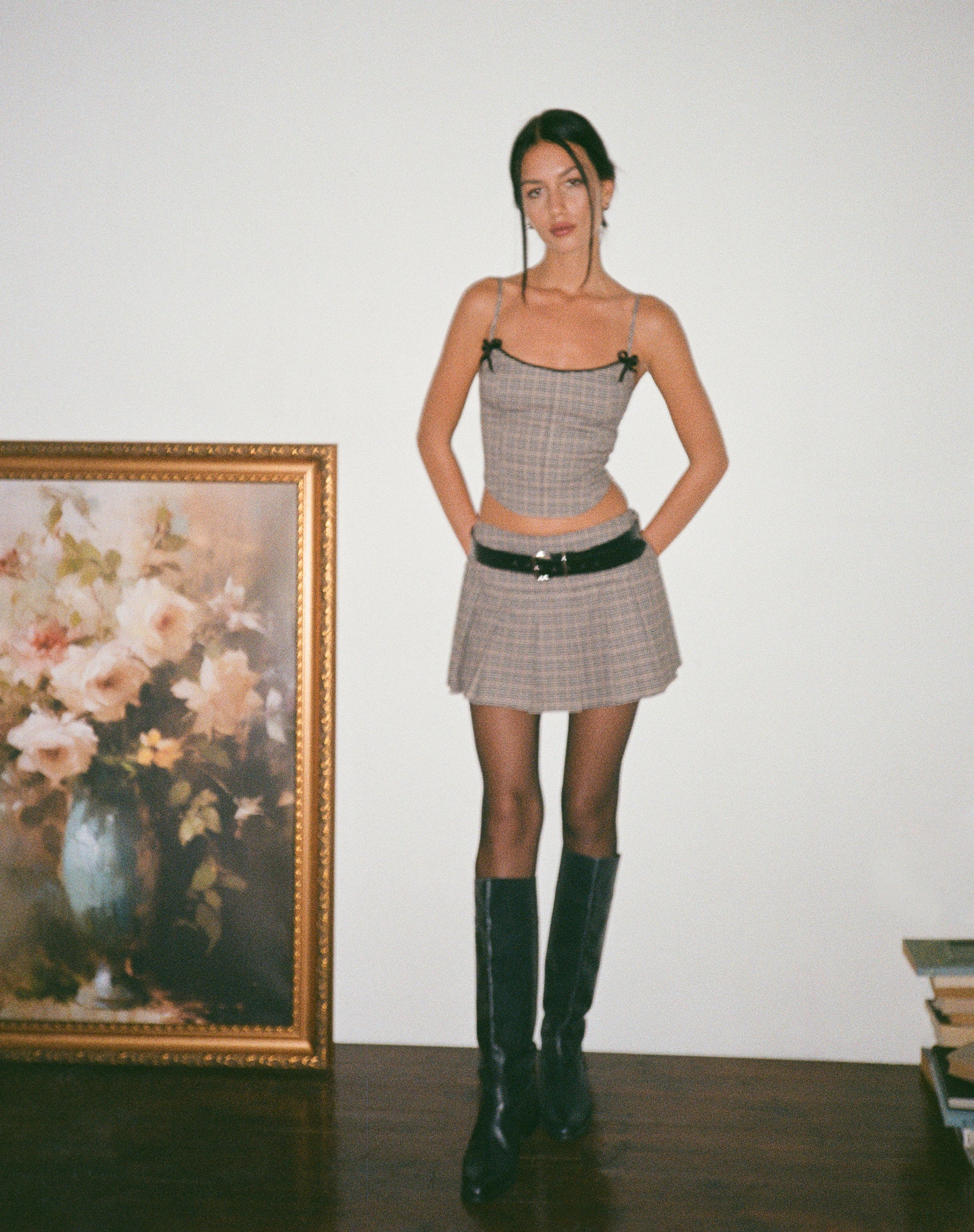 Casini Pleated Micro Skirt in Micro Check Brown - Image 3