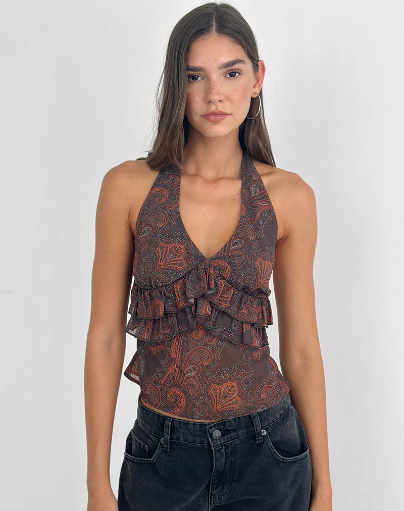 Casoya Top in Chiffon Royal Paisley Burgundy - Image 2