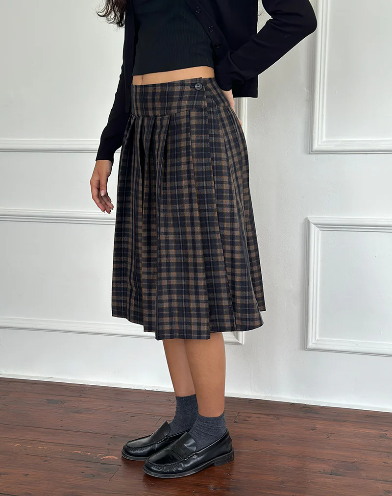 Catelyn Pleated Midi Skirt in Navy Mustard Check - Image 3