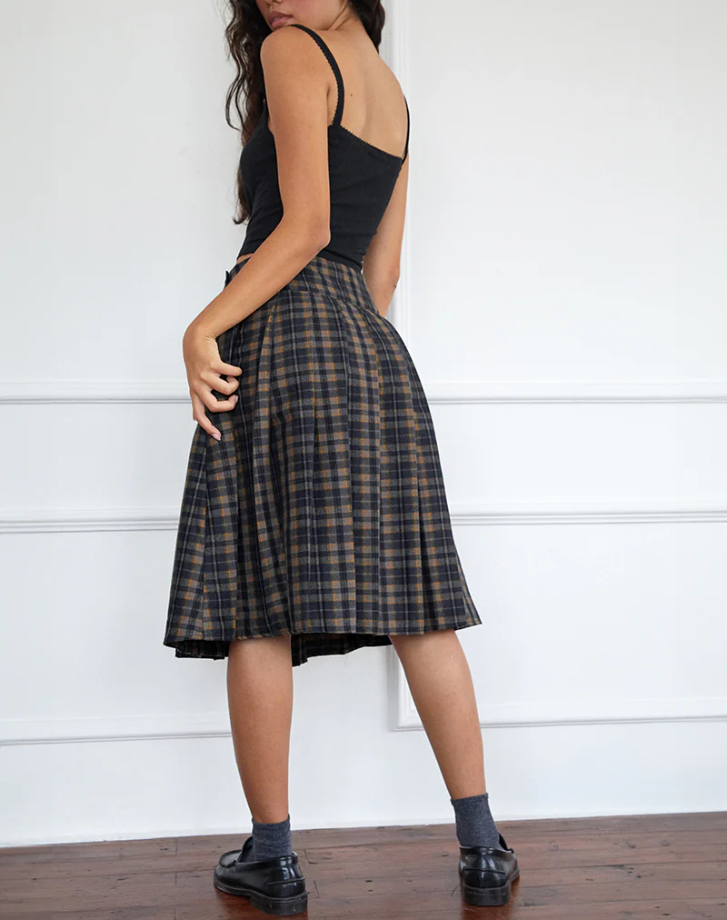 Catelyn Pleated Midi Skirt in Navy Mustard Check - Image 4