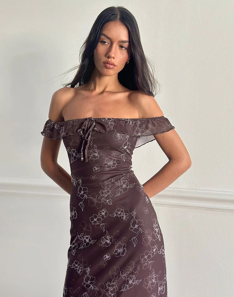 Catrin Midi Dress in Doodle Flower Flock Brown - Image 3