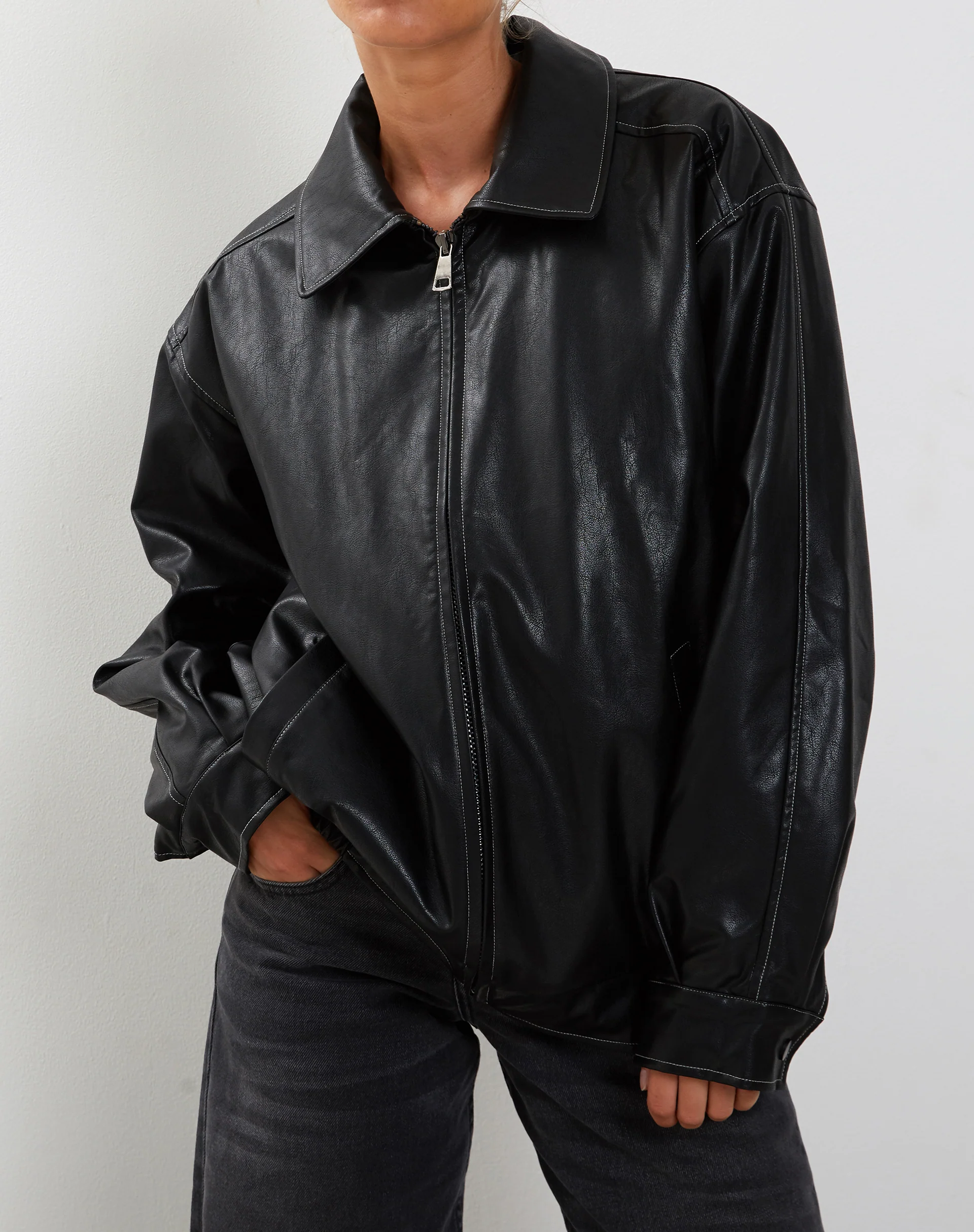 Cavita Jacket in Black with Grey Top Stitch - Image 3