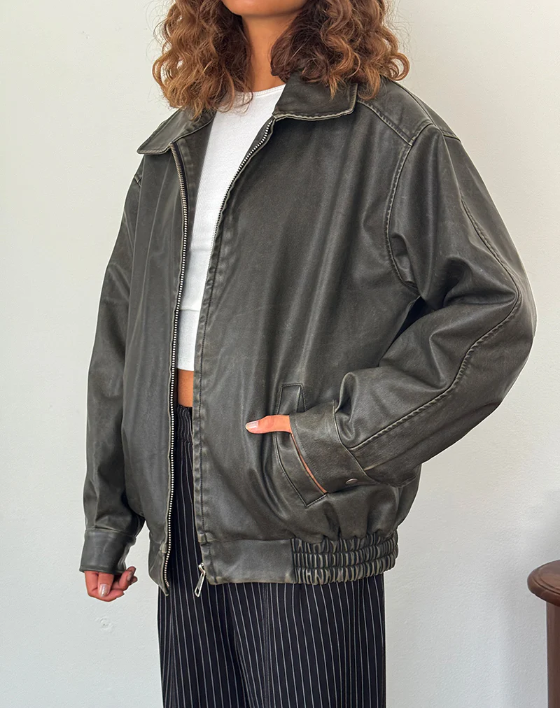 Cavita Distressed Jacket in PU Olive - Image 5
