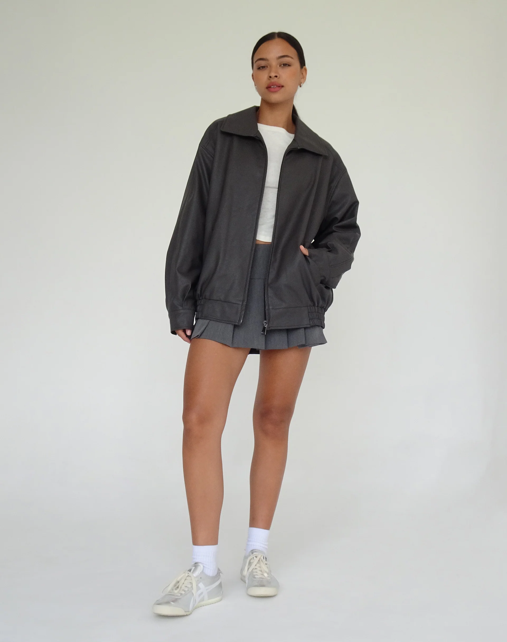Cavita PU Jacket in Grey with Black Top Stitch - Image 5