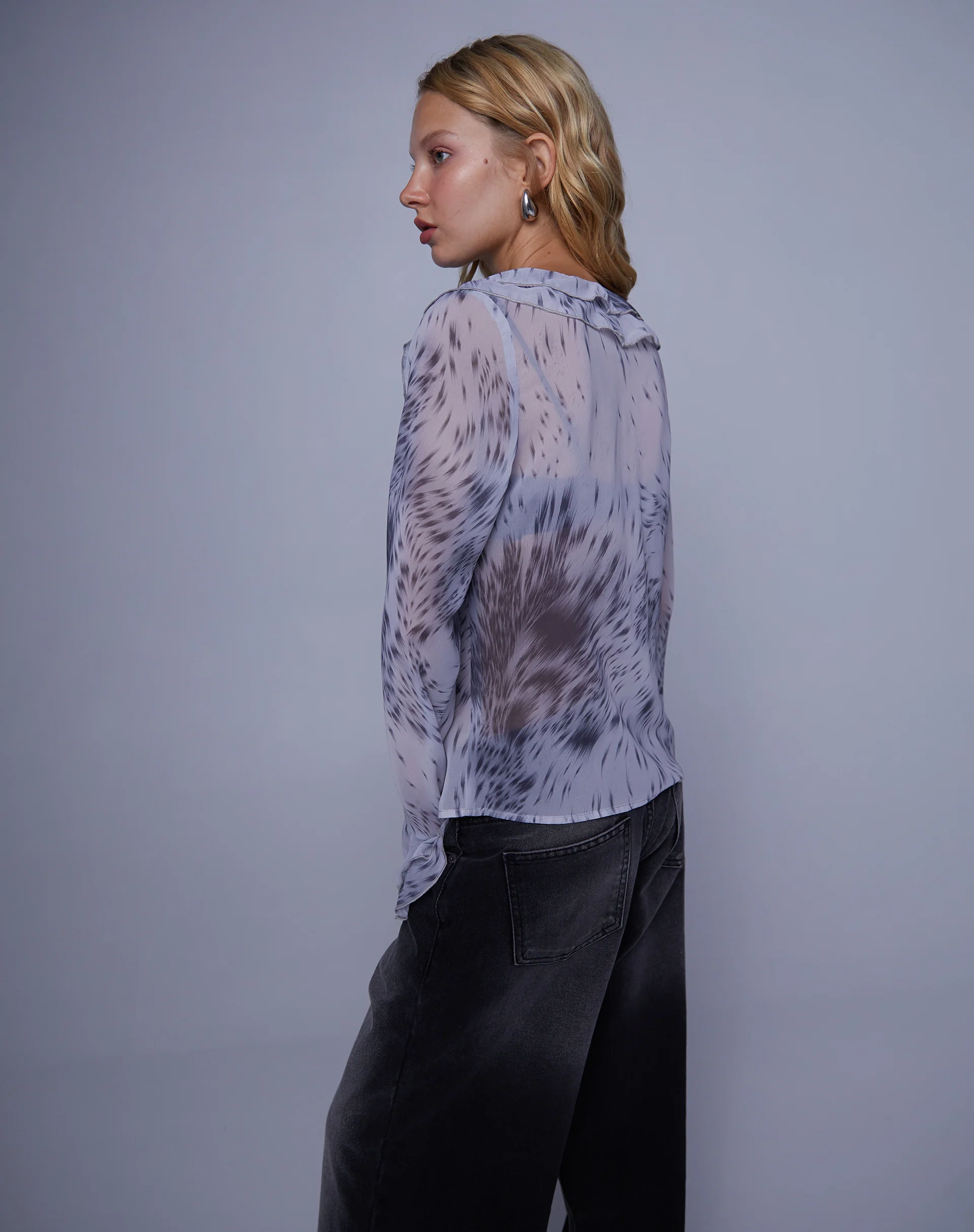 Cecelia Ruffle Detail Blouse in Distorted Animal Print - Image 4
