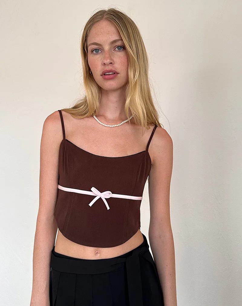 Ceisya Corset Top in Bitter Chocolate with Pink Bow - Image 4
