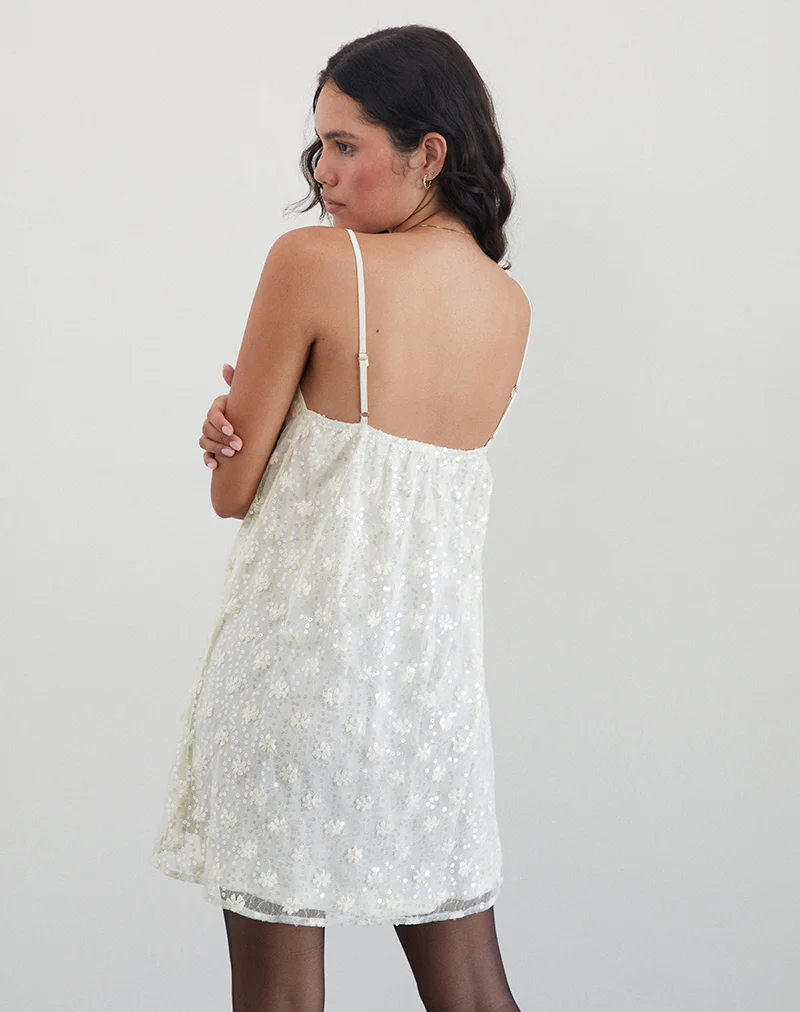 Celia Mini Slip Dress in Sequin Lace Ivory - Image 5