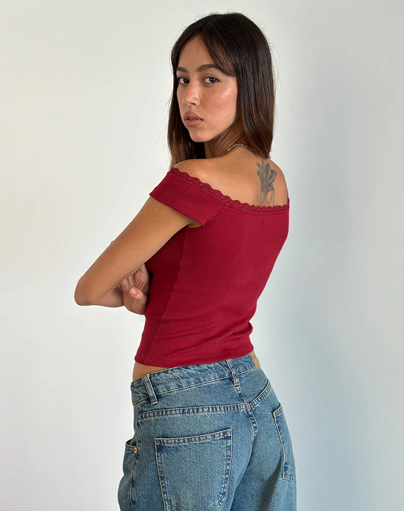 Chacha Ribbed Top in Adrenaline Red with Lace Trim - Image 3