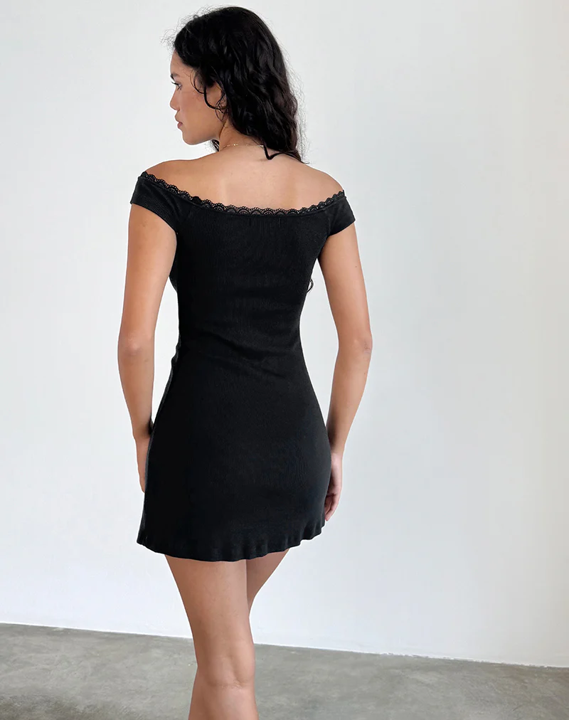 Chana Off Shoulder Mini Dress in Black Rib with Lace Trim - Image 3