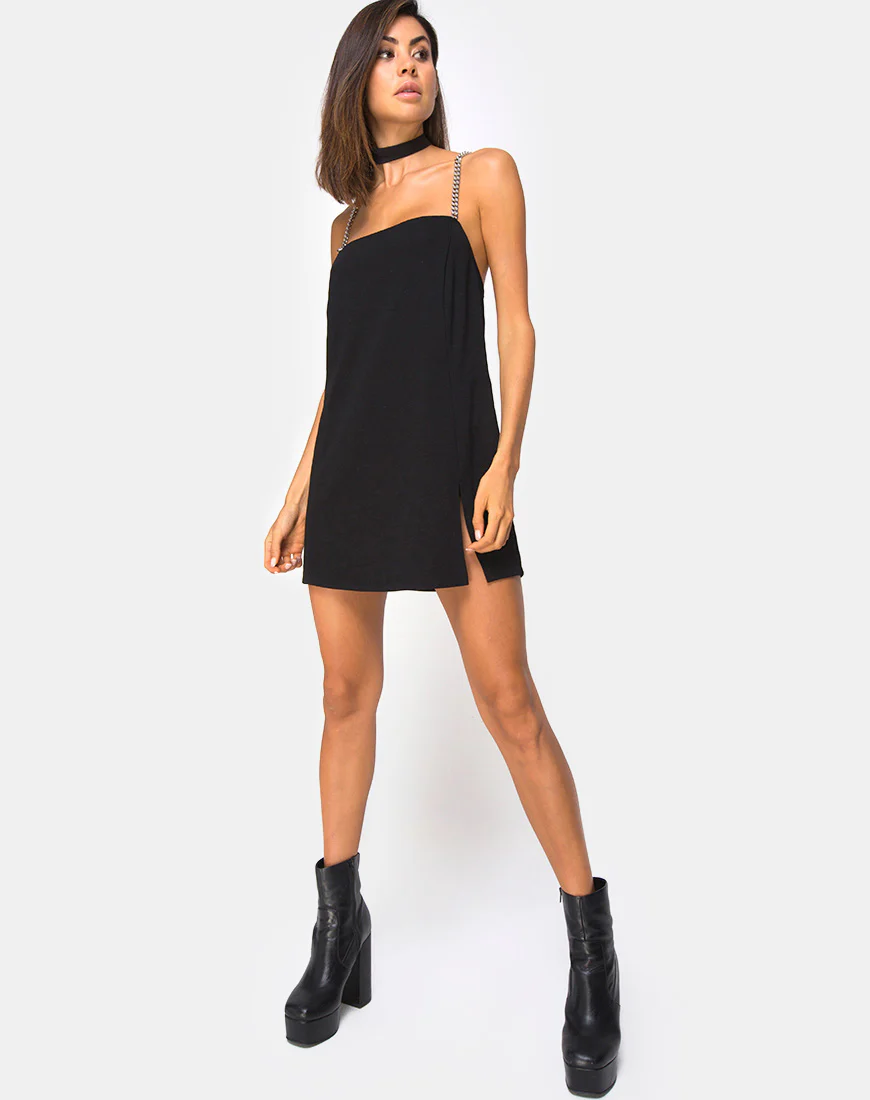 Chanista Mini Dress in Black with Silver Chain - Image 3
