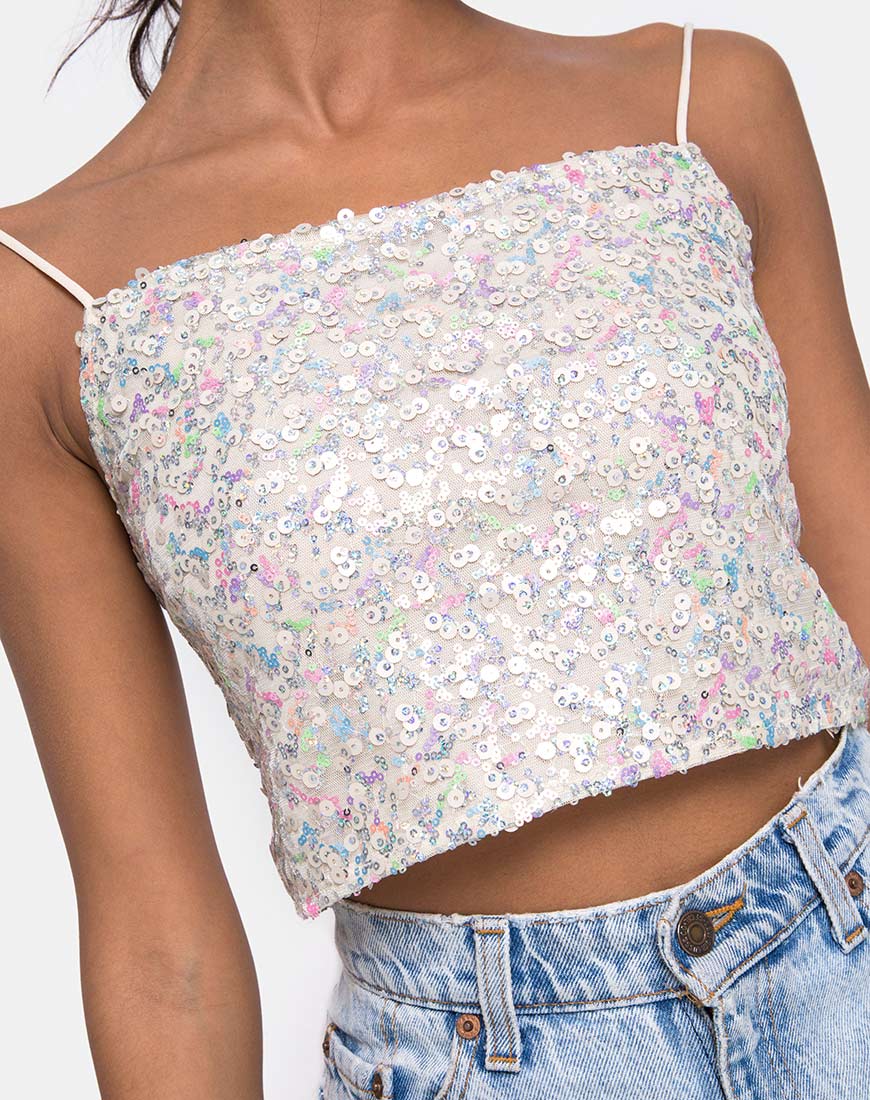Chantik Crop Top in Confetti Sequin Irisdescent White - Image 5