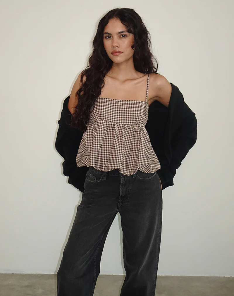 Charlita Frill Cami Top in Mini Gingham Brown - Image 3