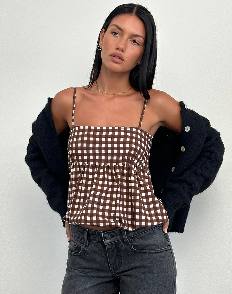 Charlita Frill Cami Top in Tonal Gingham Brown - Image 3