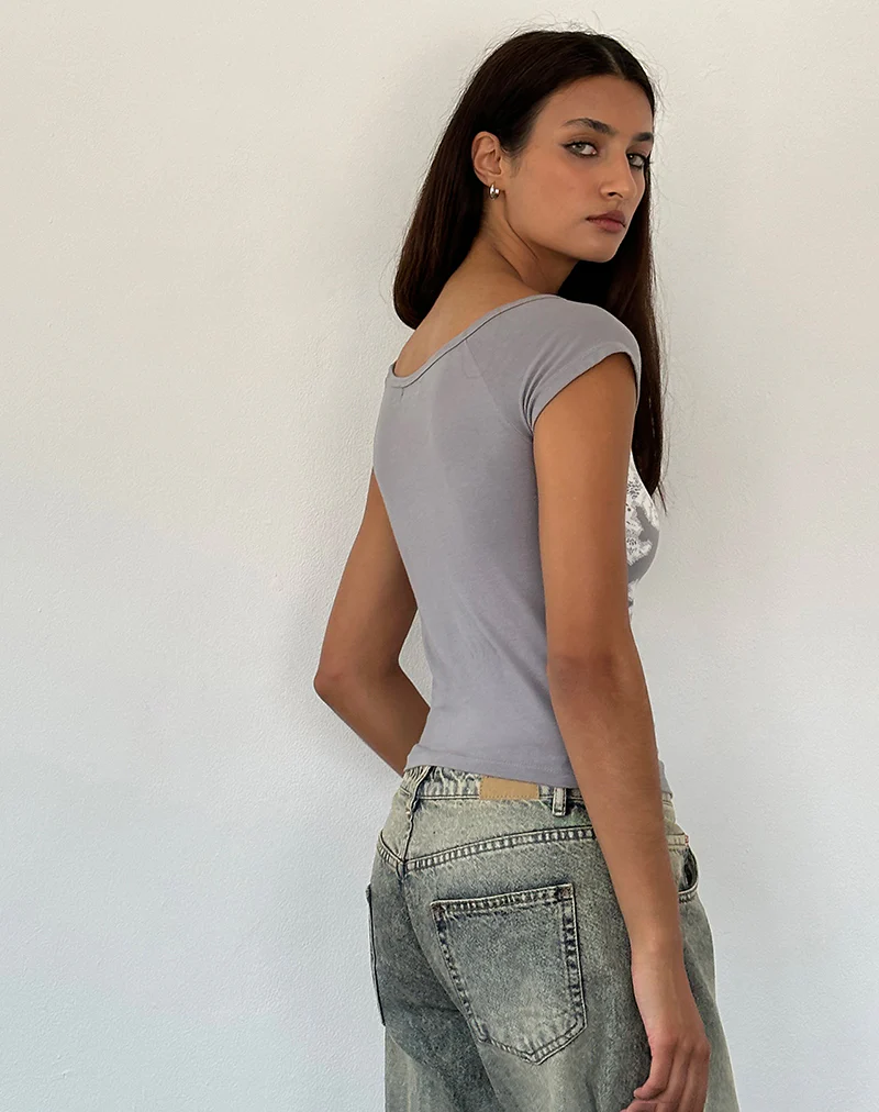 Charya Off the Shoulder Top in Grey Floral Lace - Image 3