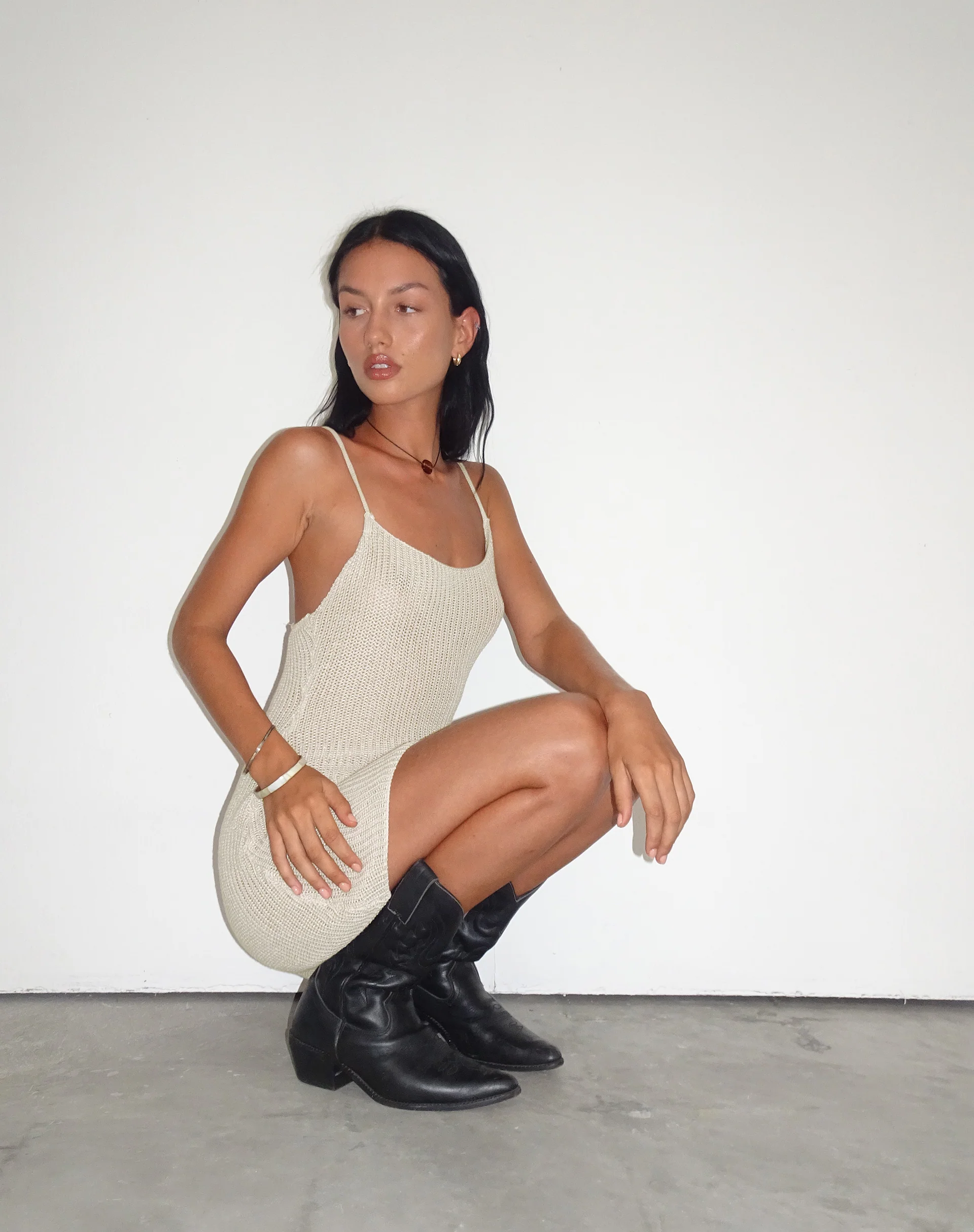 Chiara Knitted Mini Dress in Neutral - Image 6