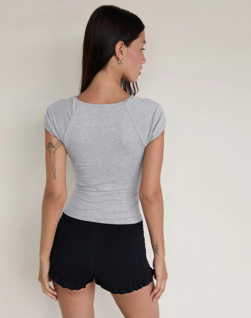Chihiro Puff Sleeve Baby Tee Top in Grey Marl - Image 5