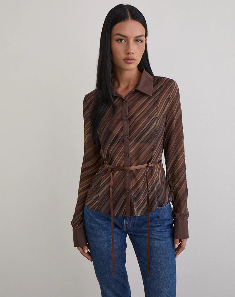 Christabel Shirt in Chiffon Mix Brown Stripe - Image 4