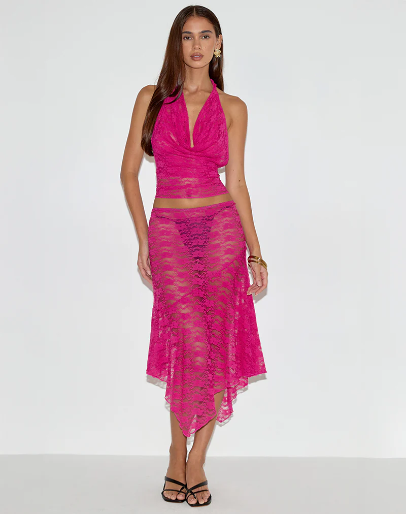 Cinta Low Rise Midi Skirt in Orchid Lace Hot Pink - Image 4