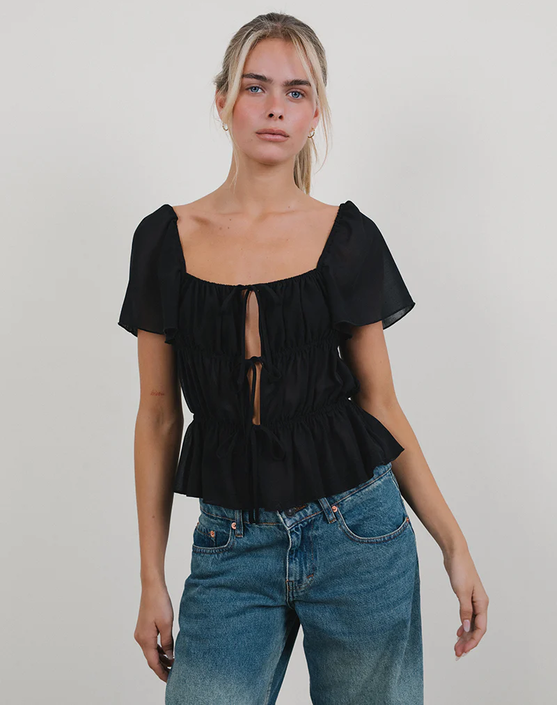 Cintan Tie Front Top in Black - Image 2