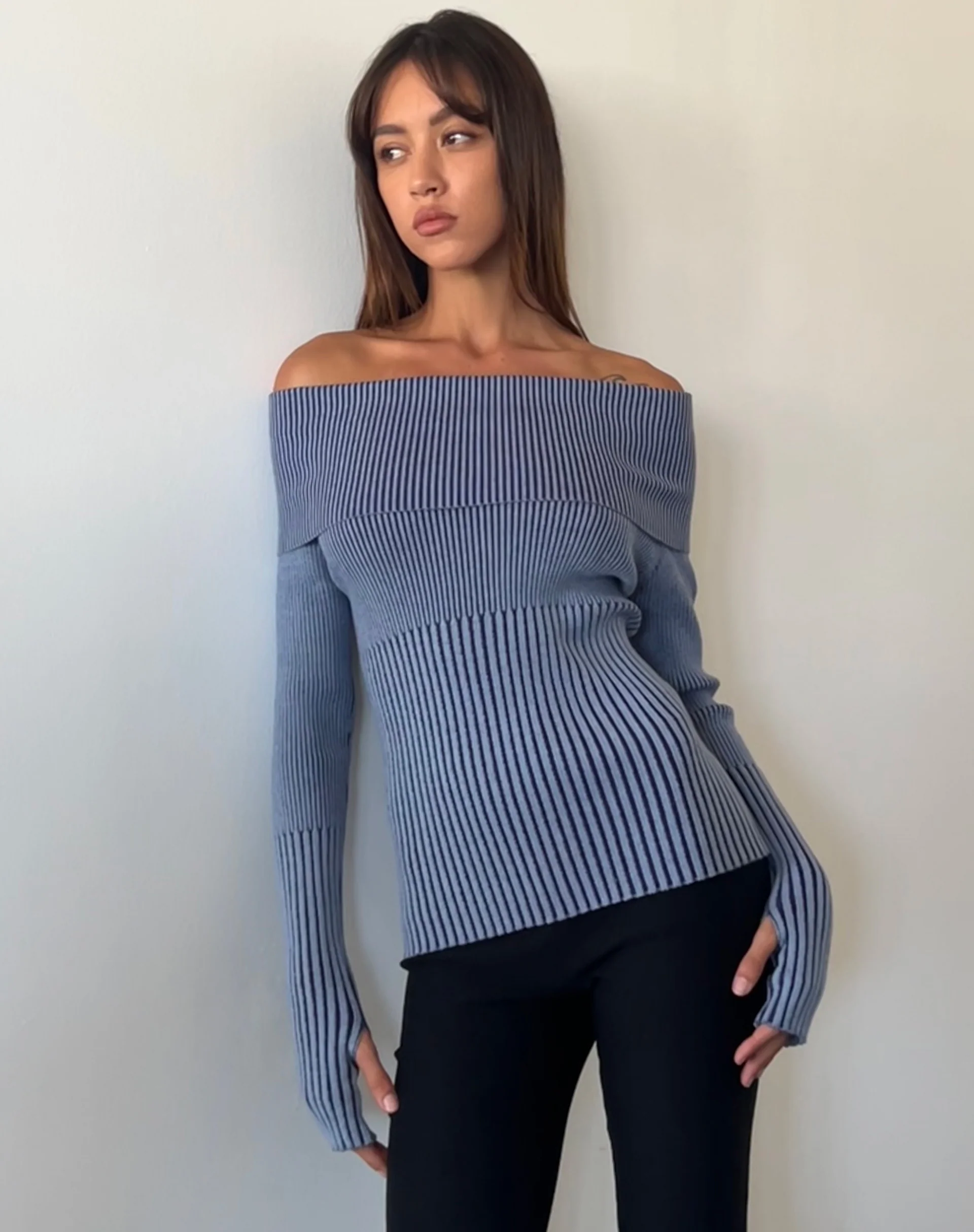 Circe Knitted Bardot Jumper in Two Tone Blue - Image 4