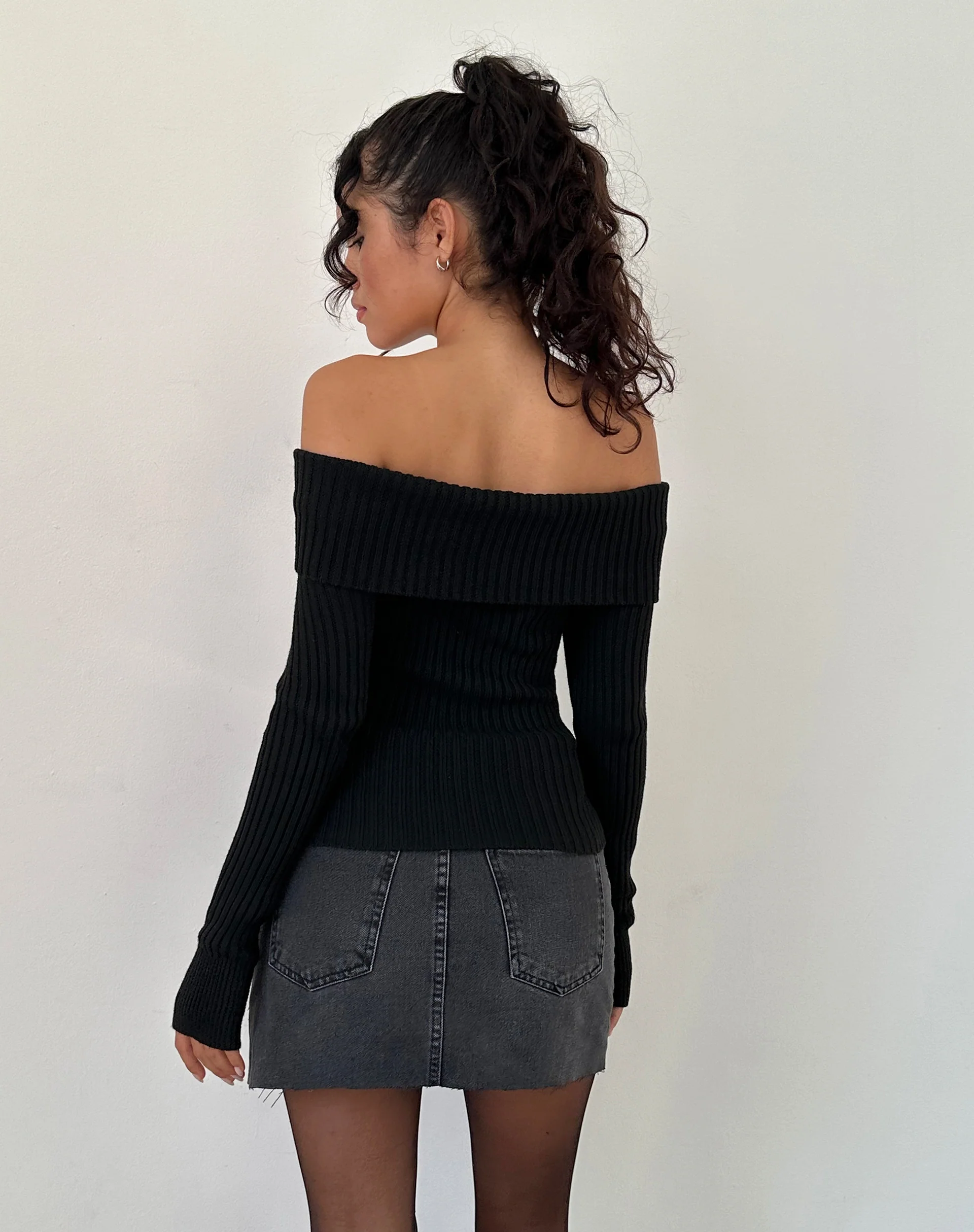 Circe Off-Shoulder Long Sleeve Knit Top in Black - Image 3