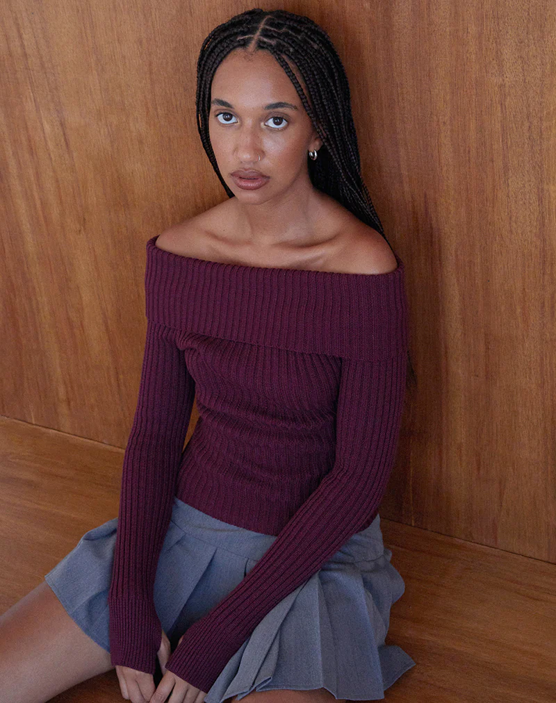Circe Knitted Bardot Jumper in Burgundy - Image 3