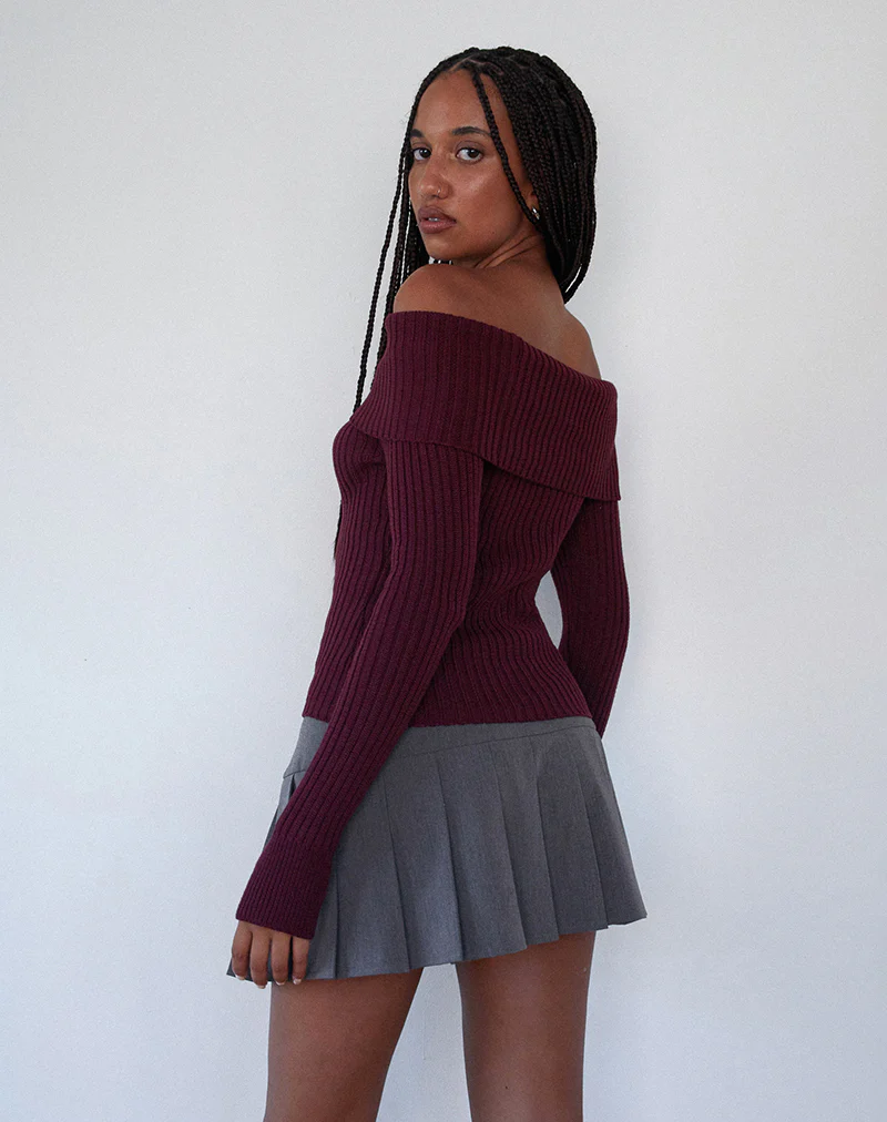Circe Knitted Bardot Jumper in Burgundy - Image 5