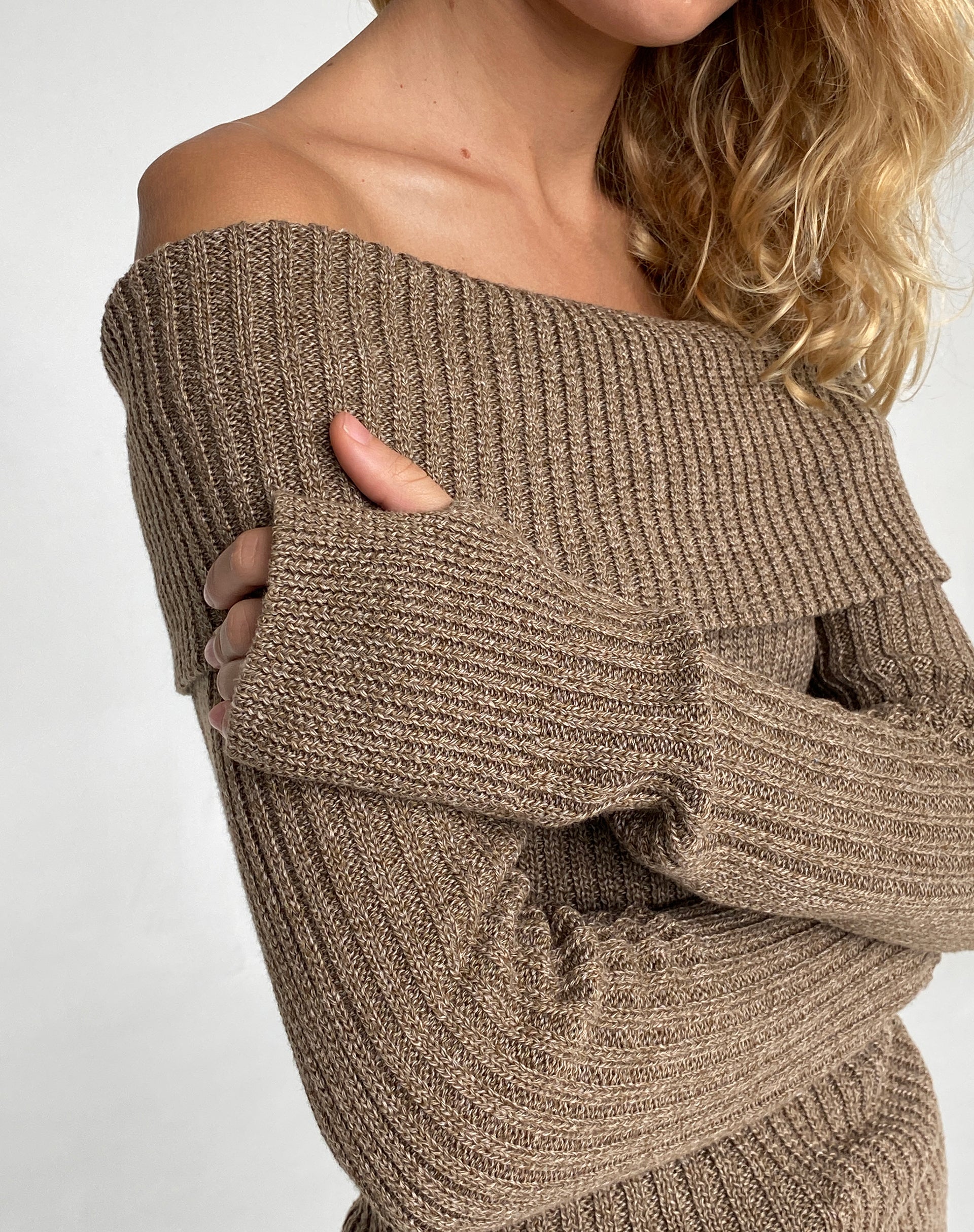 Circe Off-Shoulder Long Sleeve Knit Top in Yarn Brown - Image 2