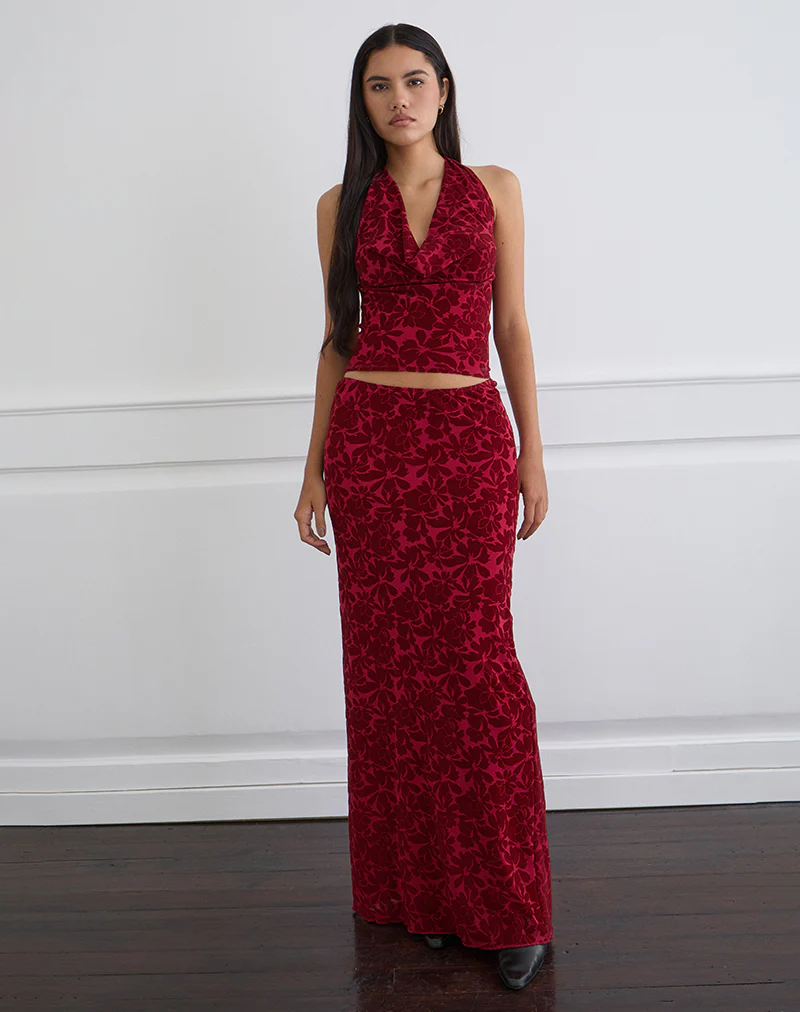 Clandy Cowl Top in Flocked Mesh Flower Cherry - Image 3