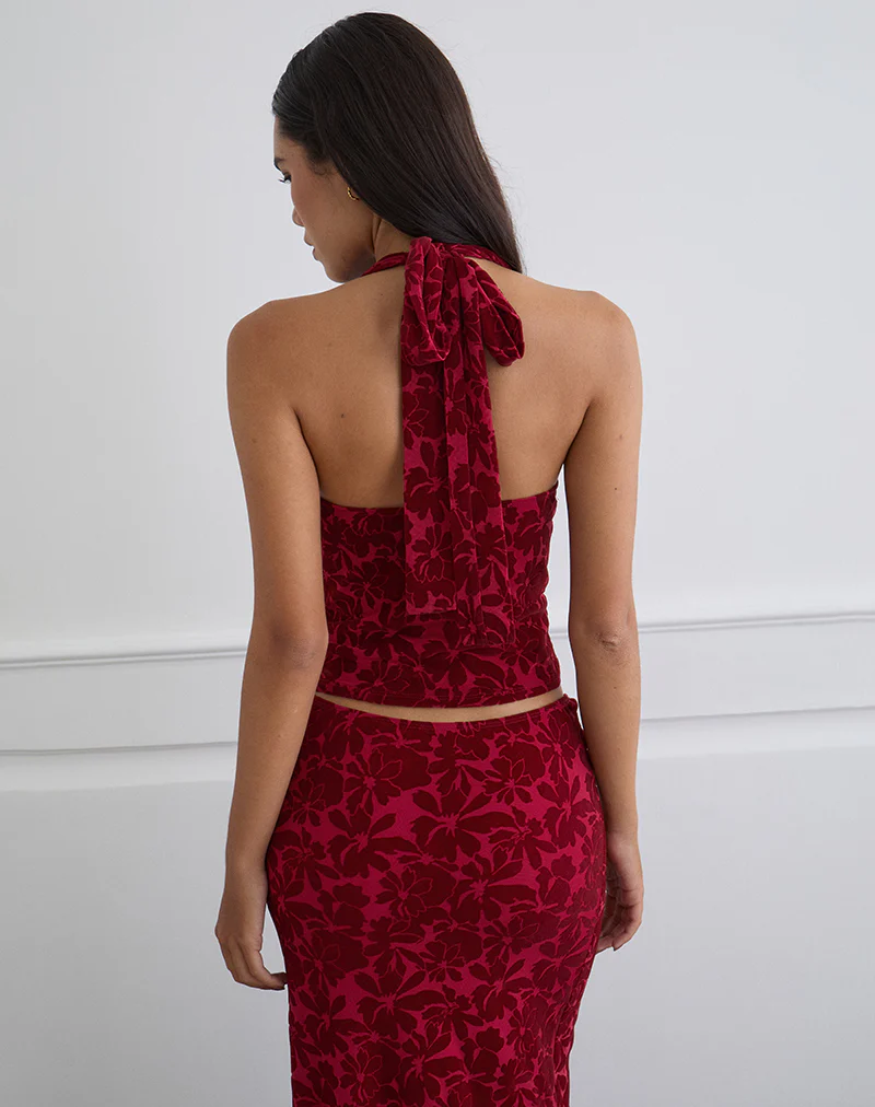 Clandy Cowl Top in Flocked Mesh Flower Cherry - Image 4