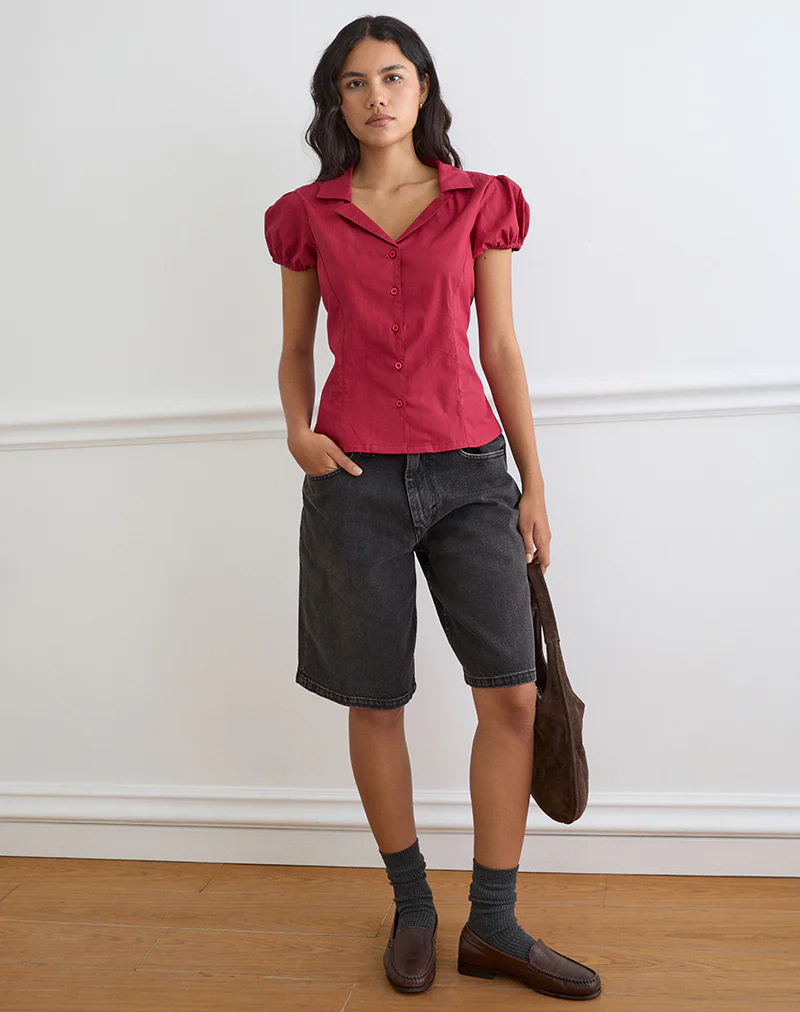 Cloma Fitted Blouse with Puff Sleeves in Adrenaline Red - Image 5
