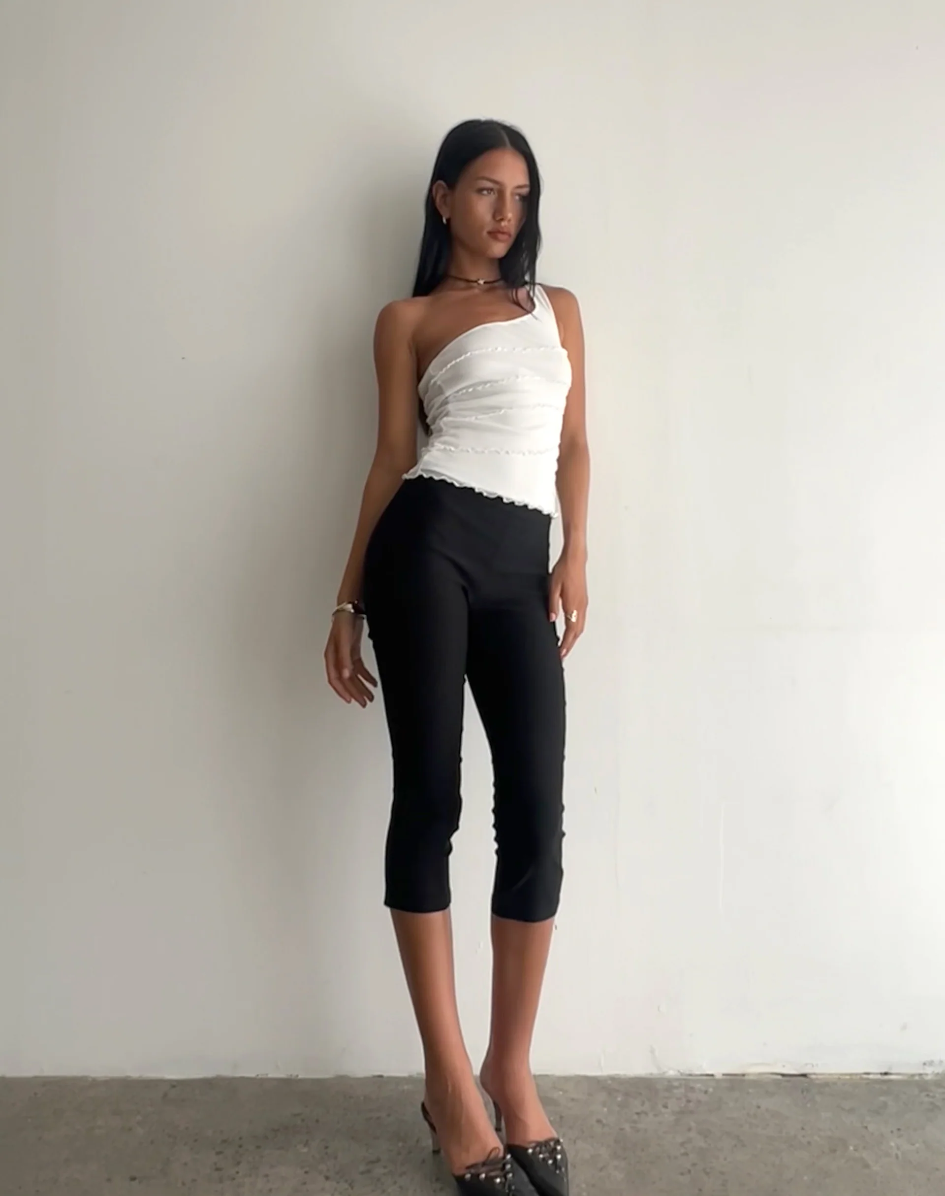 Cochise Seam Detail One Shoulder Mesh Top in Ivory - Image 4