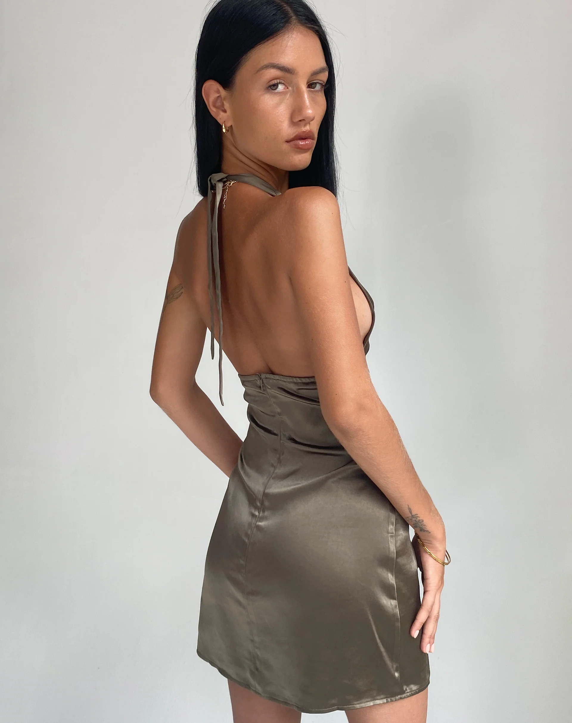 Coda Slip Dress in Satin Dark Olive - Image 3
