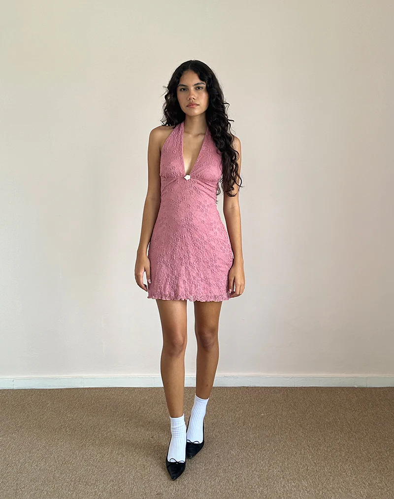 Codami Halterneck Mini Dress in Lace Dusty Rose - Image 4