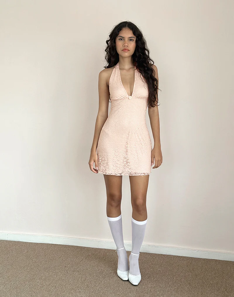 Codami Halterneck Mini Dress in Lace Lotus Pink - Image 4