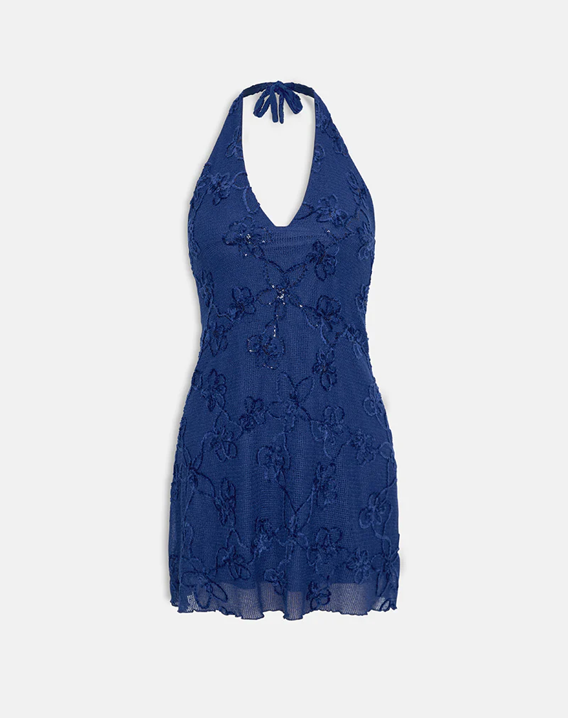 Codami Halterneck Mini Dress in Sequin Knit Navy - Image 3