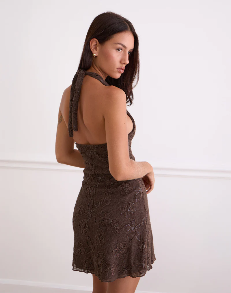 Codami Halterneck Mini Dress in Sequin Knit Dark Brown - Image 5