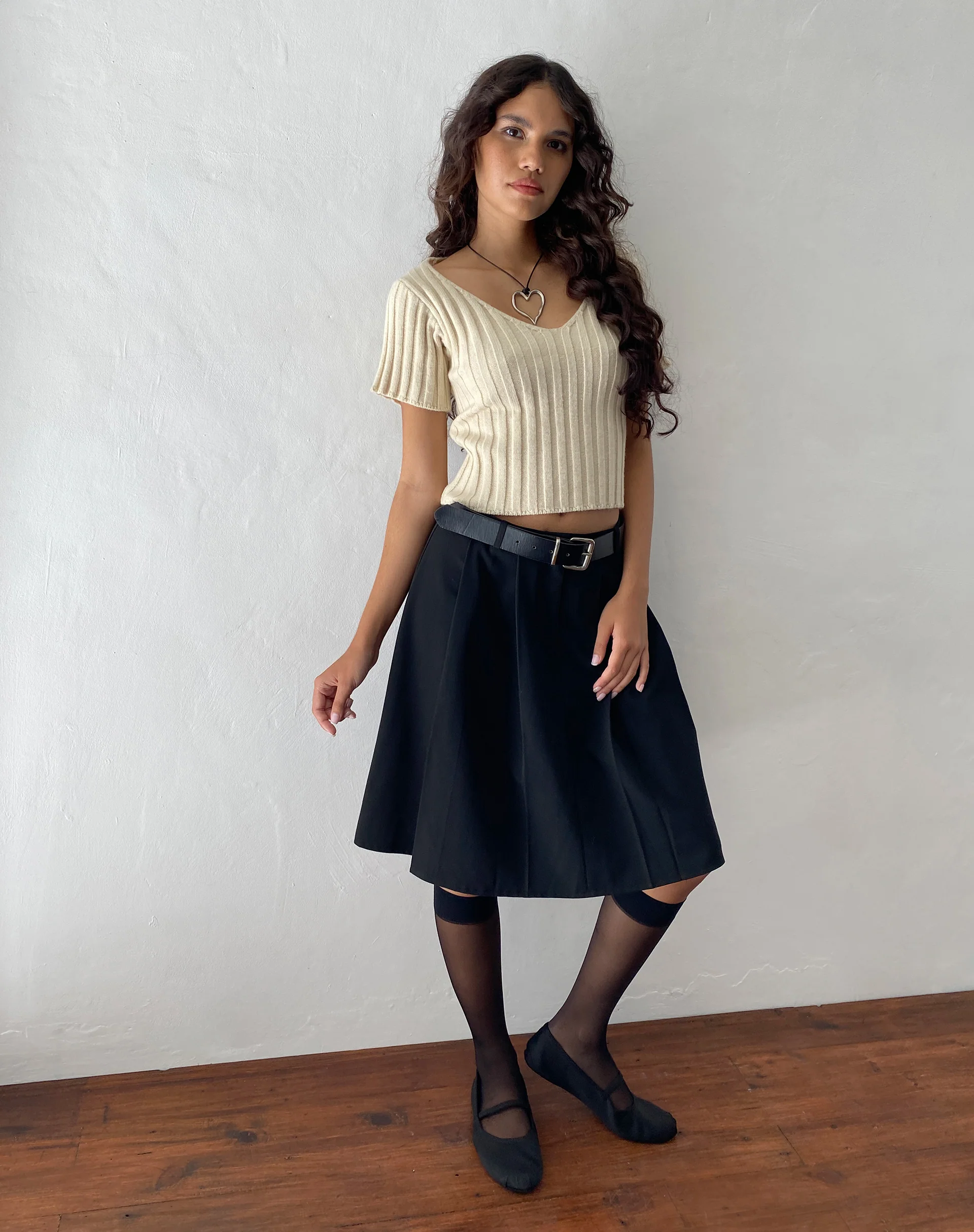 Colette Pleated Knee Length Skirt in Black Tailoring - Image 2