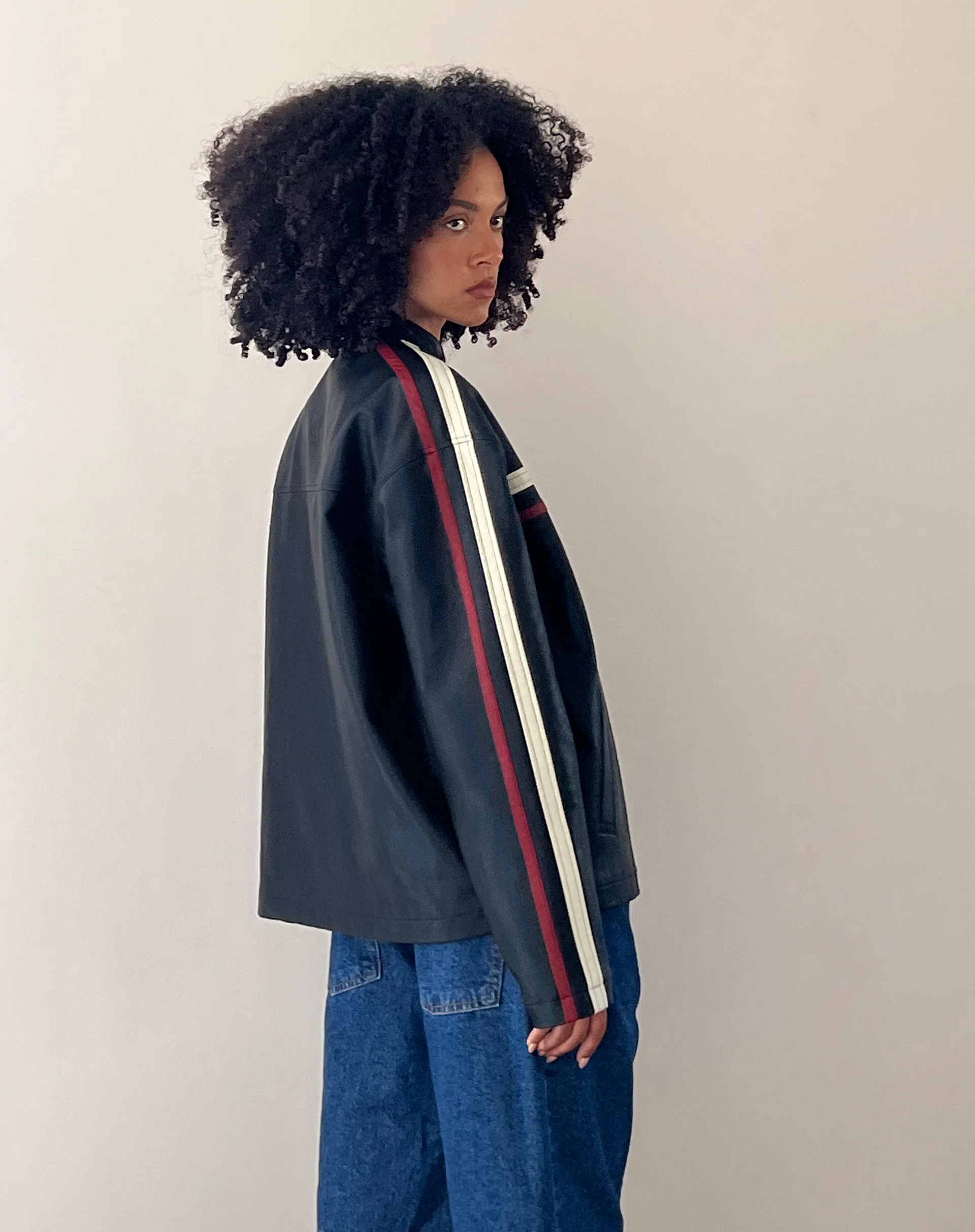 Colton Jacket in PU Black with Ivory and Red Stripe - Image 2