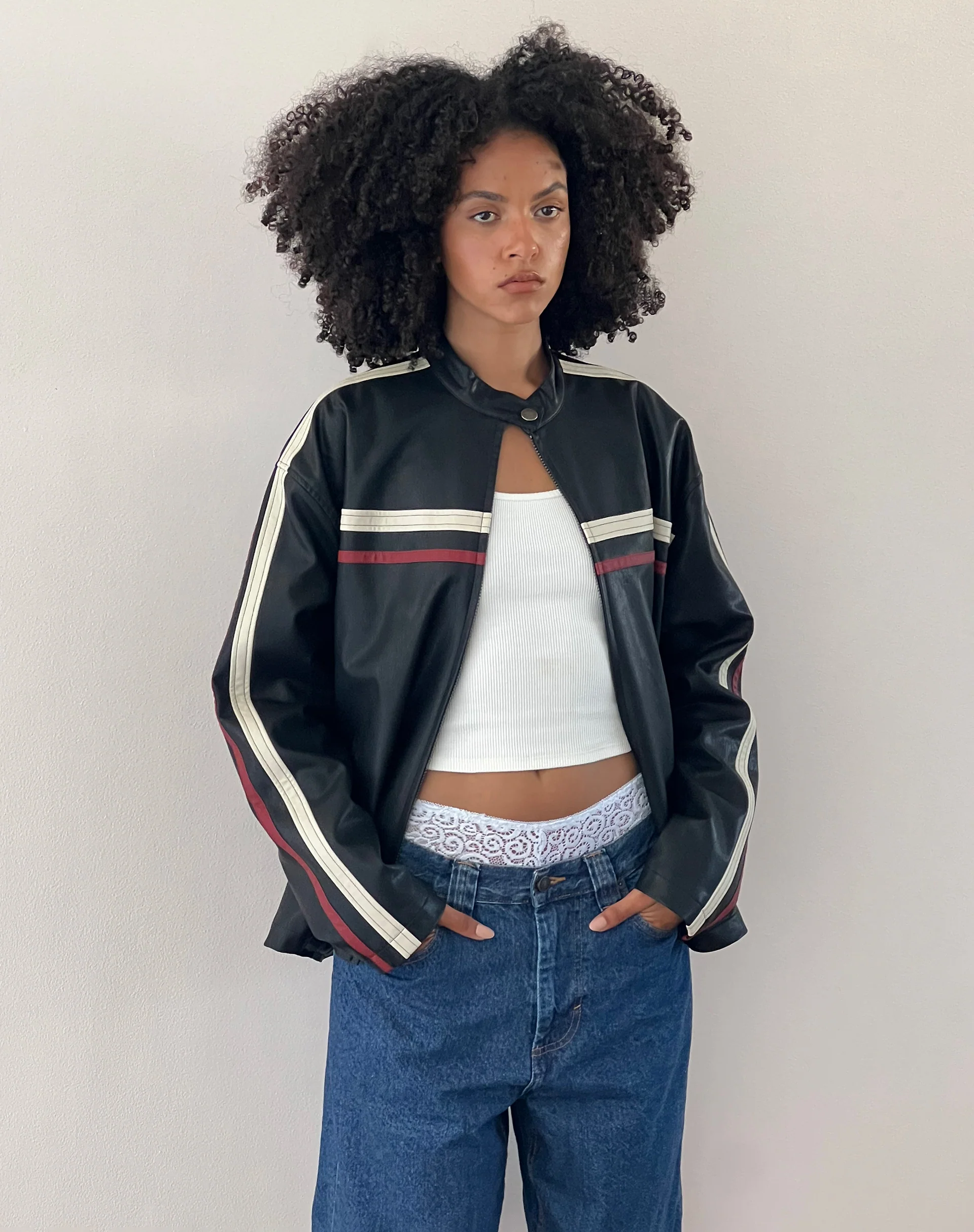 Colton Jacket in PU Black with Ivory and Red Stripe - Image 6