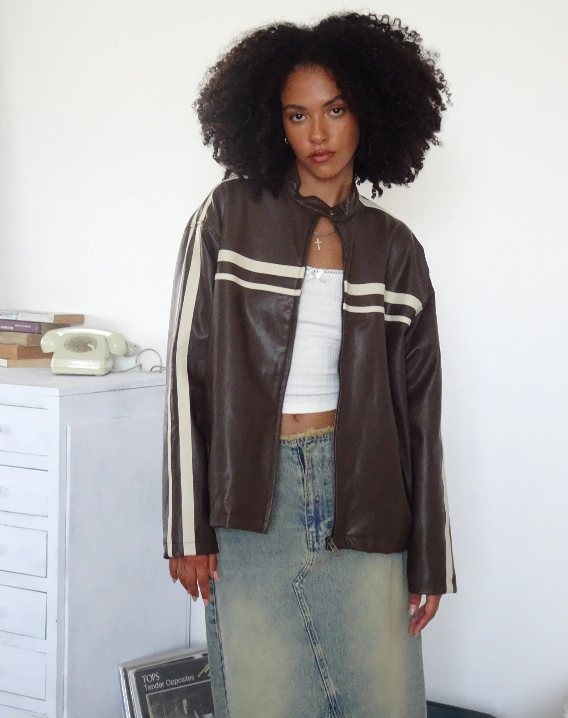 Colton Jacket in PU Chocolate with Ivory Stripe - Image 4