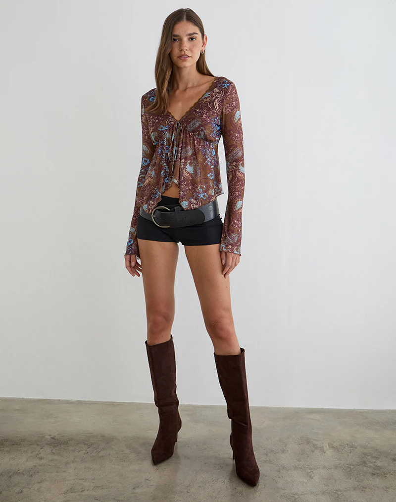 Concetta Long Sleeve Top in Feathery Paisley Brown - Image 2