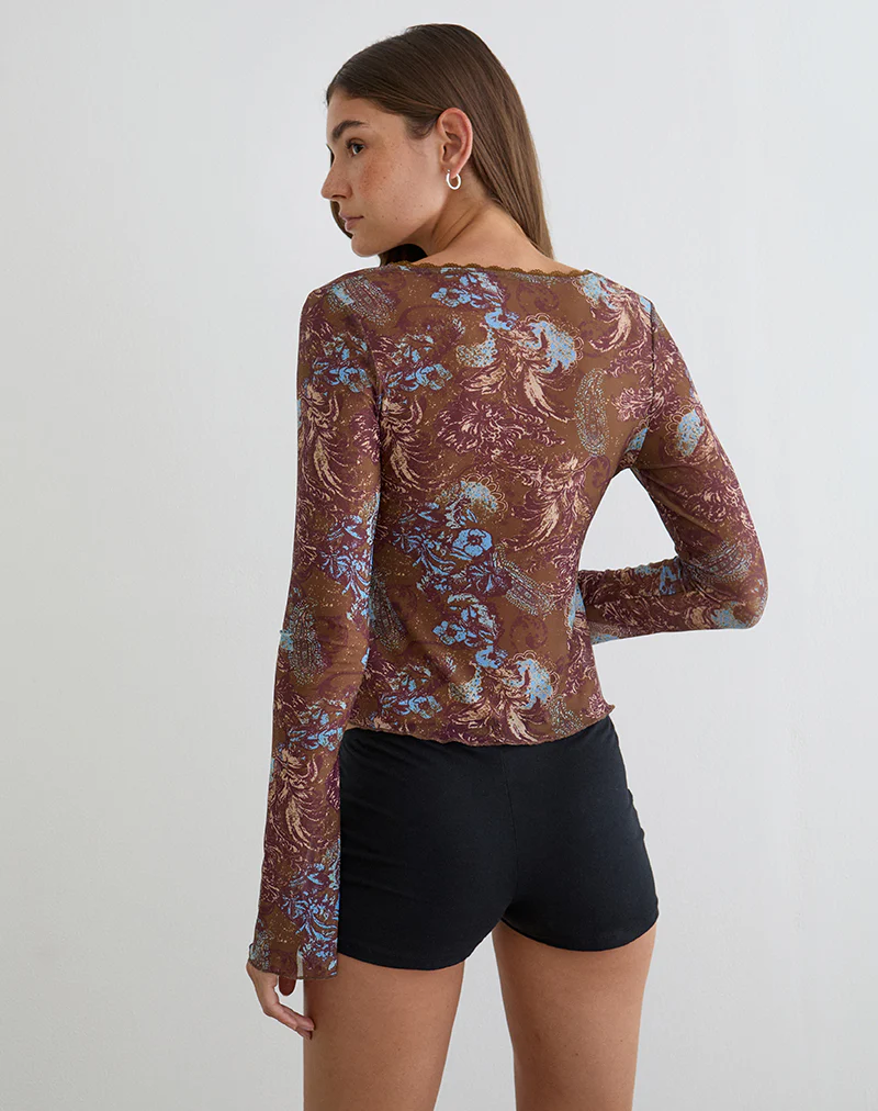 Concetta Long Sleeve Top in Feathery Paisley Brown - Image 3