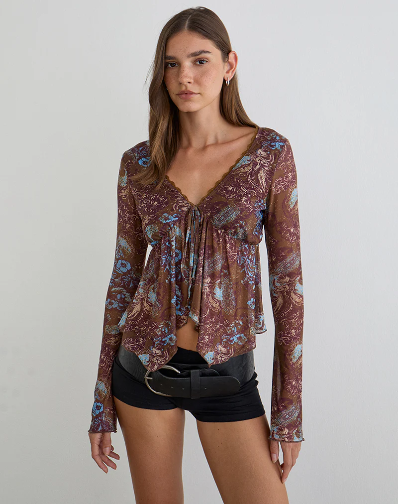 Concetta Long Sleeve Top in Feathery Paisley Brown - Image 4