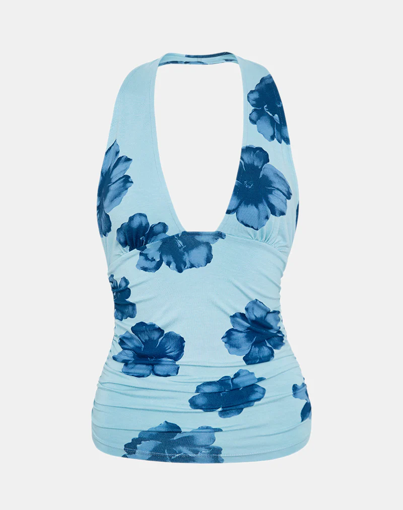 Cosimo Halterneck Top in Bold Floral Blue - Image 6
