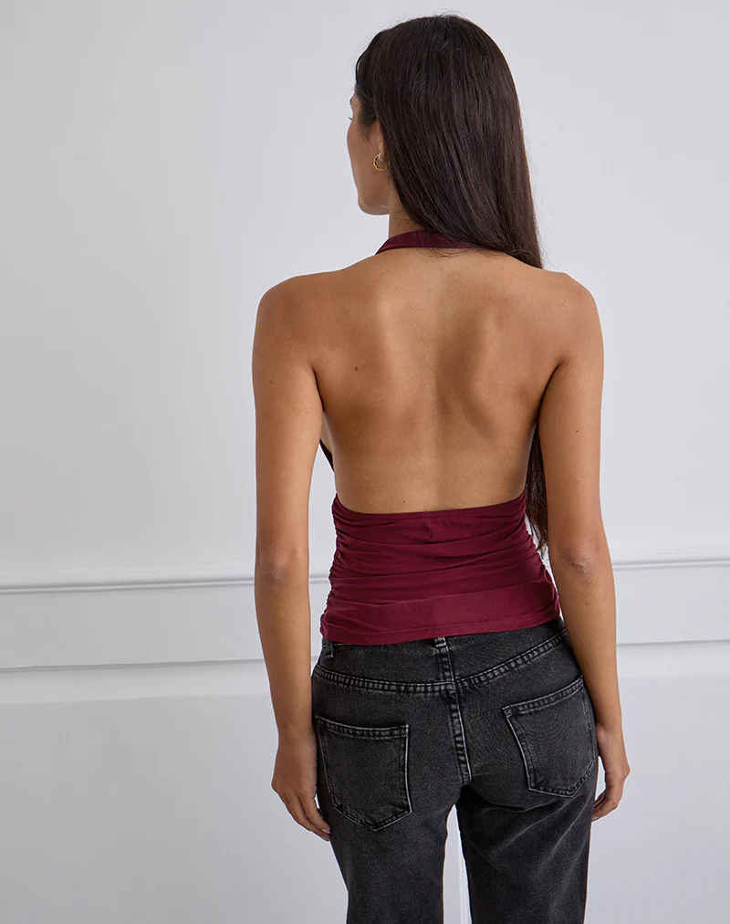 Cosimo Halterneck Top in Cupro Dark Red - Image 4