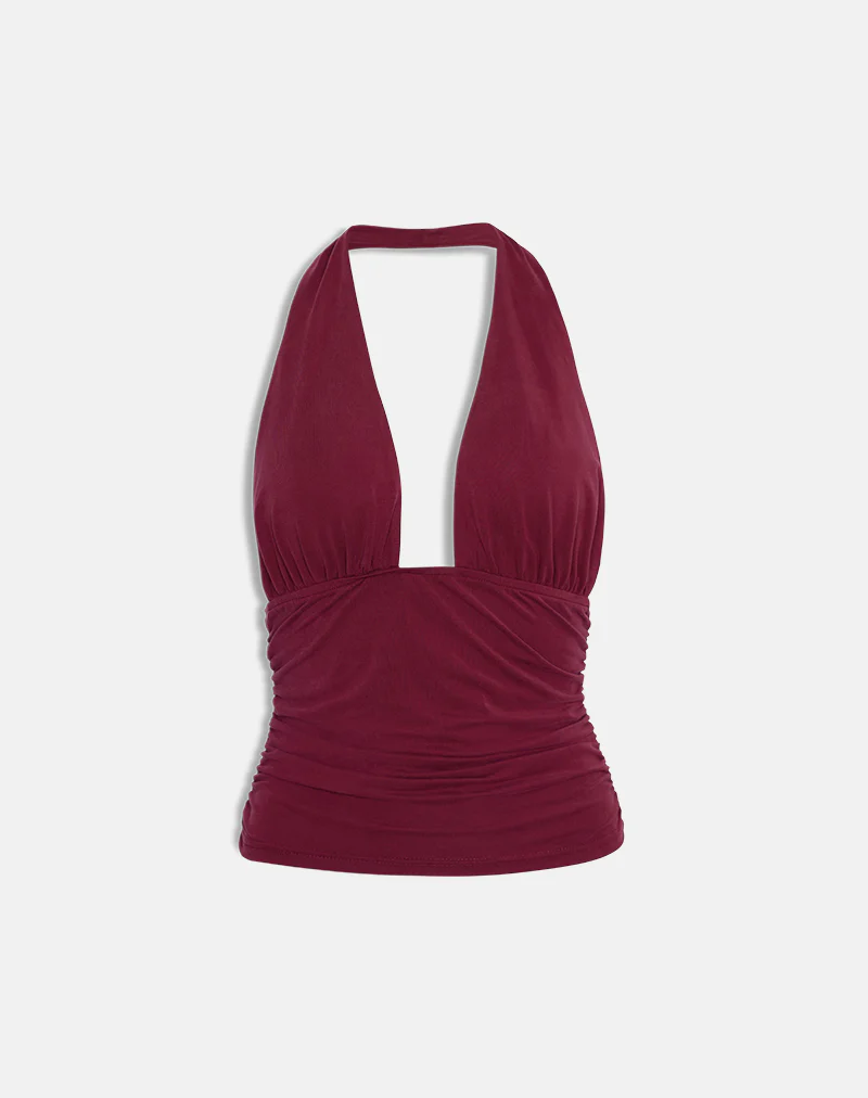 Cosimo Halterneck Top in Cupro Dark Red - Image 5
